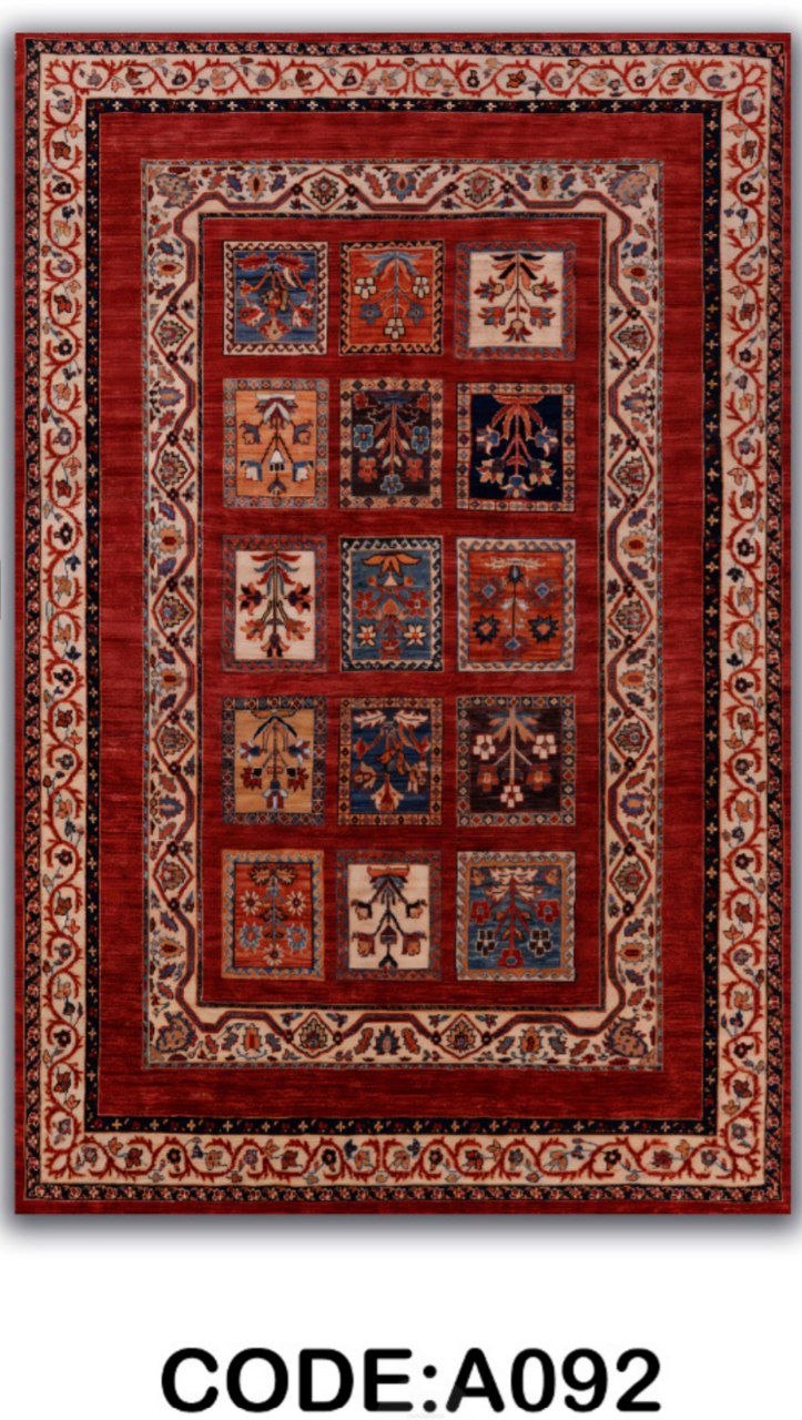 فرشینه لاکی طرح خشتی با حاشیه سرمه‌ای و رنگ زمینه قرمز - فرشینه مخمل ابریشم ترک برند آراد - فرشینه سنتی