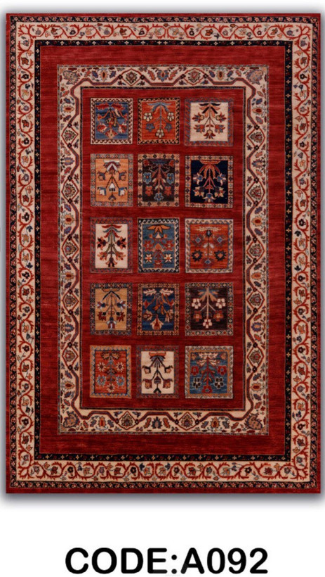 فرشینه لاکی طرح خشتی با حاشیه سرمهای و رنگ زمینه قرمز - فرشینه مخمل ابریشم ترک برند آراد - فرشینه سنتی